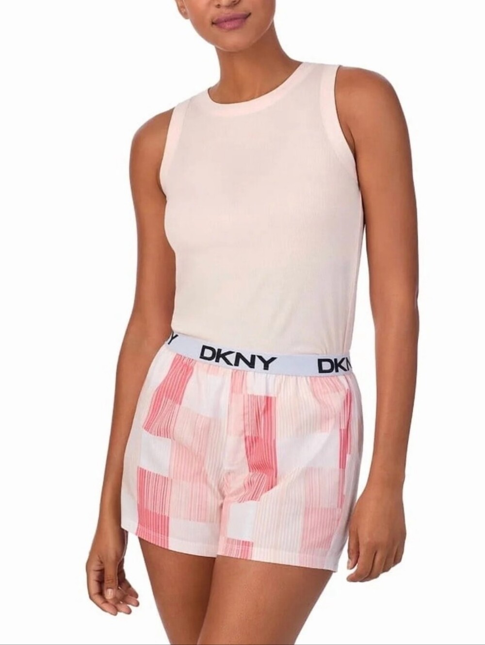 DKNY NWOT Light Pink Ribbed Tank with Peach Plaid Shorts Pajama Set